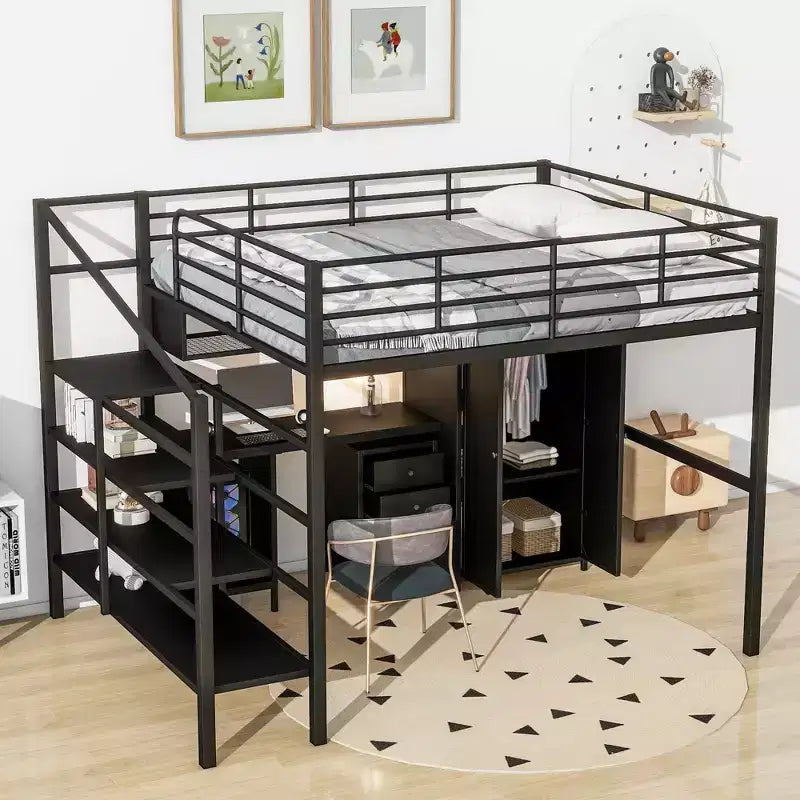 Letto a soppalco Full Metal con scrivania, armadio e scala, letto moderno salvaspazio con ringhiere e doghe, senza bisogno di rete, nero