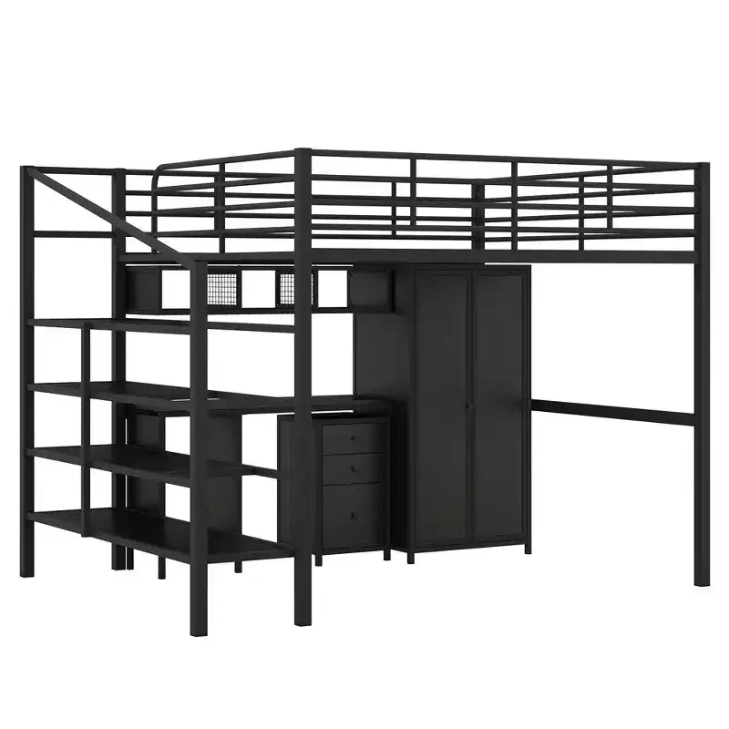 Letto a soppalco Full Metal con scrivania, armadio e scala, letto moderno salvaspazio con ringhiere e doghe, senza bisogno di rete, nero