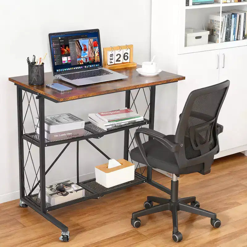 Scrivania Pieghevole 80 cm con, Nessun Montaggio, 3 Ripiani in Filo Metallico, Tavolo per Computer Portatile con Ruote per Cucina, Soggiorno