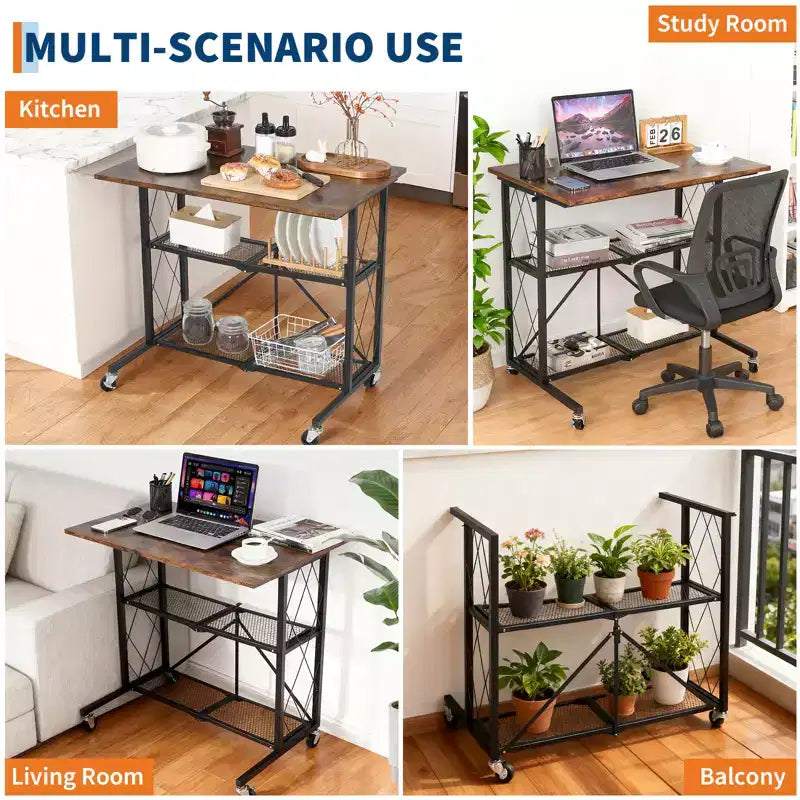 Scrivania Pieghevole 80 cm con, Nessun Montaggio, 3 Ripiani in Filo Metallico, Tavolo per Computer Portatile con Ruote per Cucina, Soggiorno