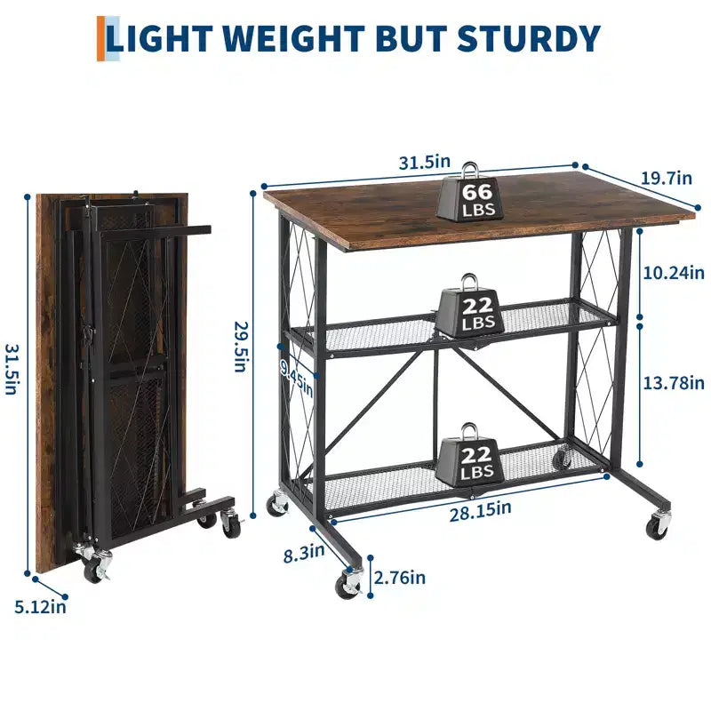 Scrivania Pieghevole 80 cm con, Nessun Montaggio, 3 Ripiani in Filo Metallico, Tavolo per Computer Portatile con Ruote per Cucina, Soggiorno