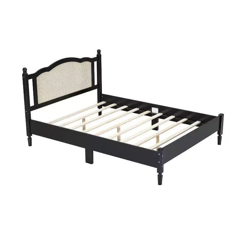 Letto in Legno con Testiera in Rattan Naturale e Supporto a Doghe in Legno, Facile da Montare