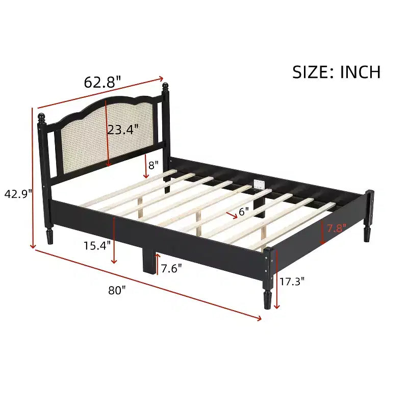 Letto in Legno con Testiera in Rattan Naturale e Supporto a Doghe in Legno, Facile da Montare