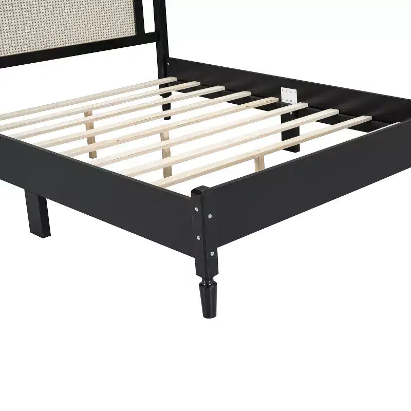 Letto in Legno con Testiera in Rattan Naturale e Supporto a Doghe in Legno, Facile da Montare