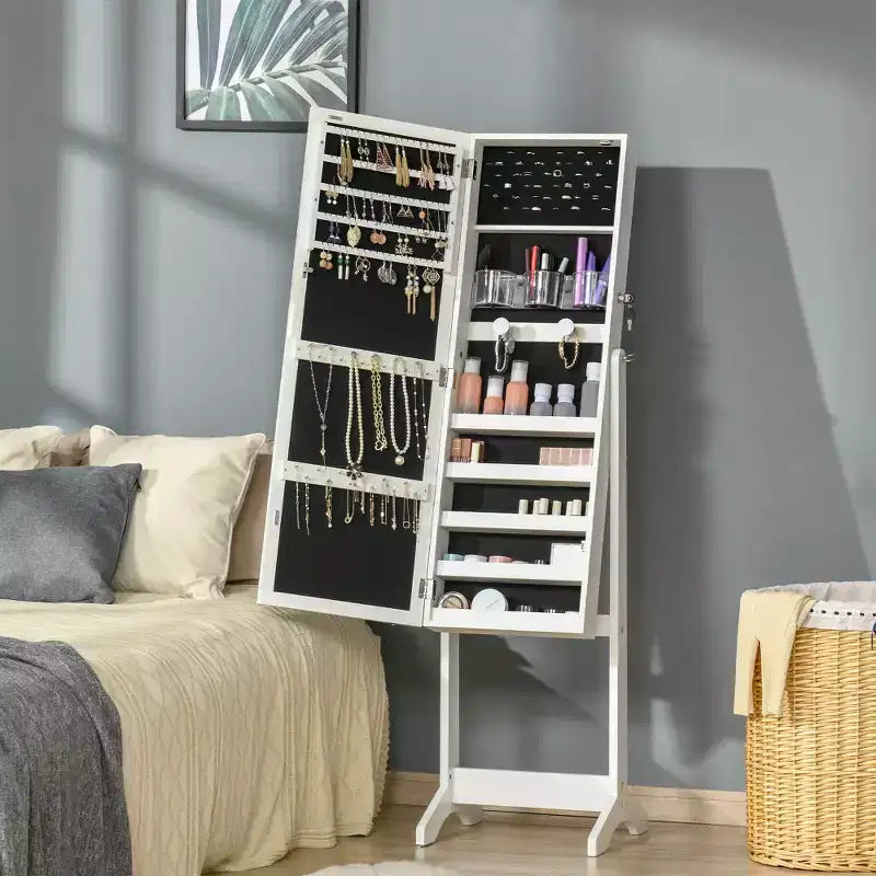 Portagioie da terra con luce LED, gioielli con specchio a figura intera e 4 angoli regolabili